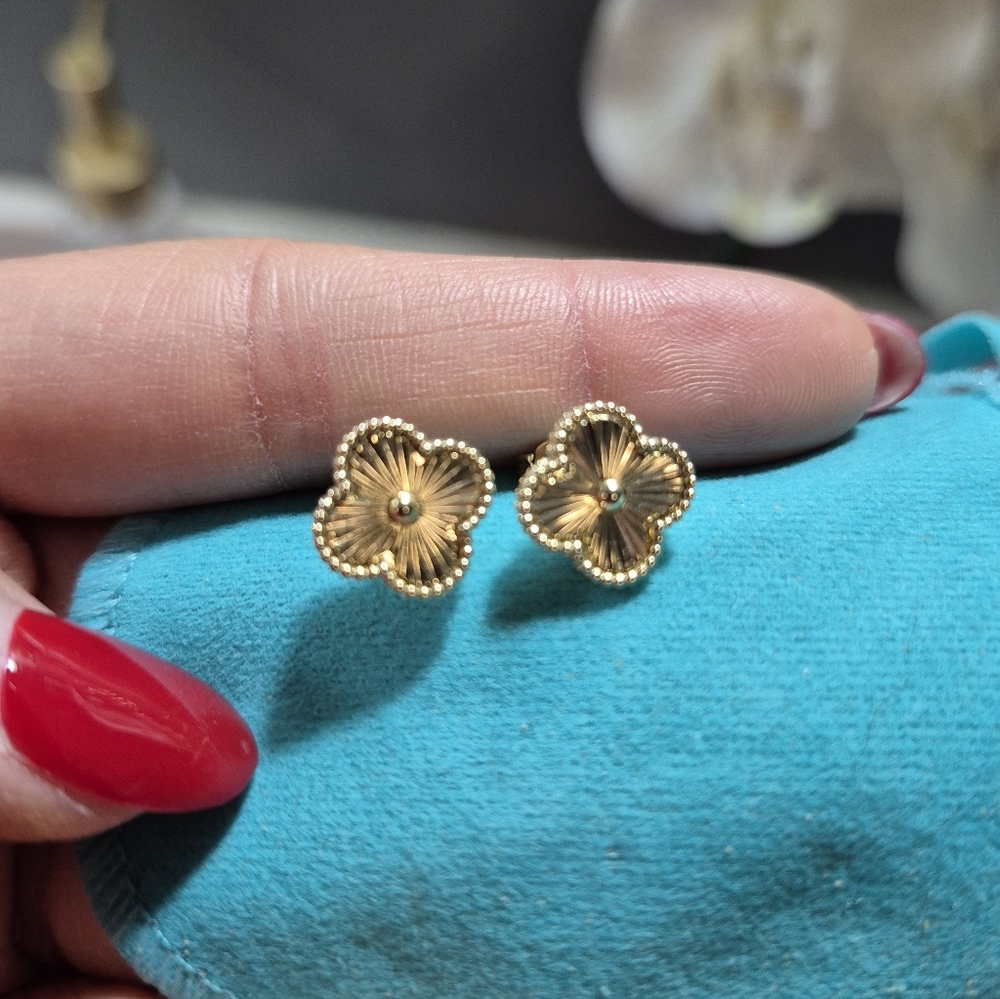 Gold Floral Stud Earrings - Picture 9 of 10